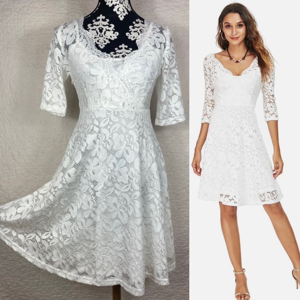 🔥NWT Atnlewhi White Lace Knee Length Swing Dress Cocktail  Party Size S